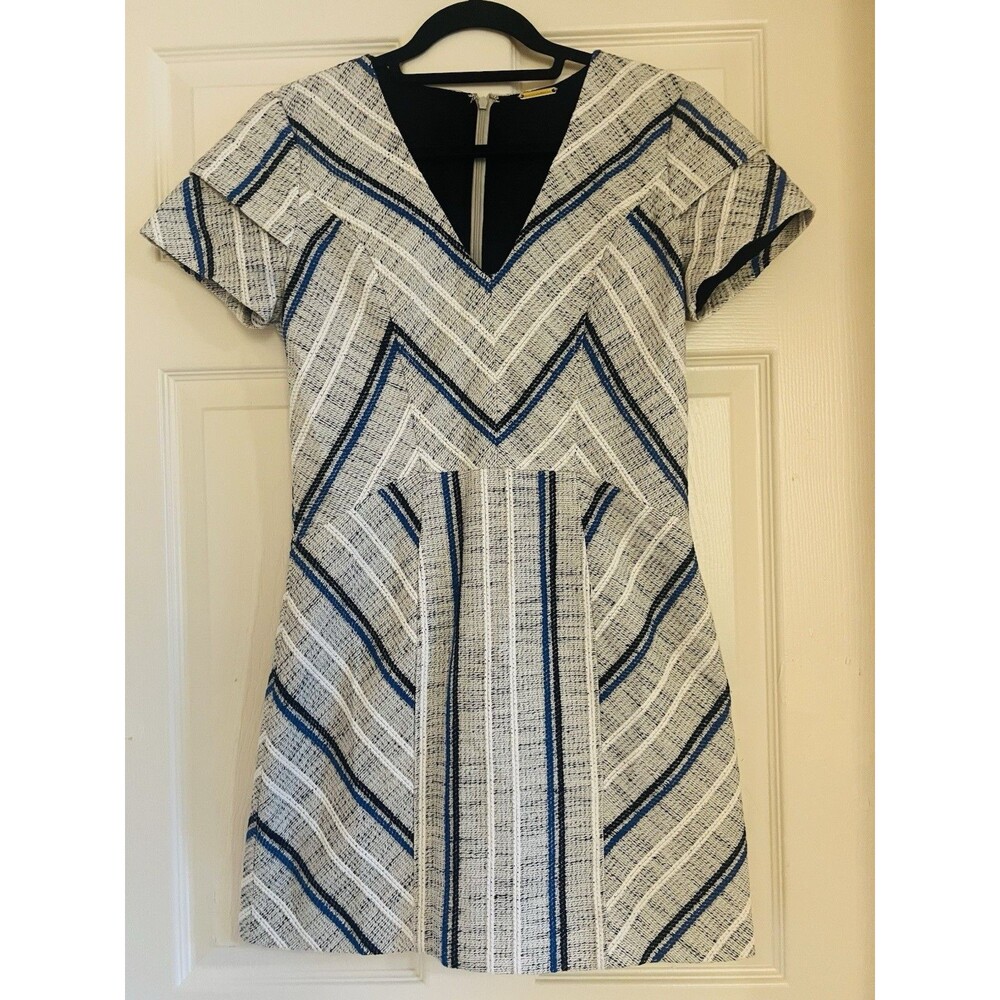 Rebecca Minkoff Katya Tweed Chevron Mini Sheath Dress 6 Blue Gray linen cotton